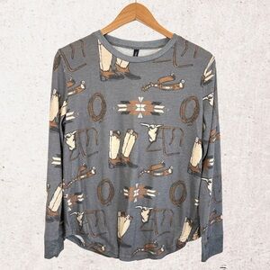 Gray Long Sleeve Tee with Coffee Shop Print